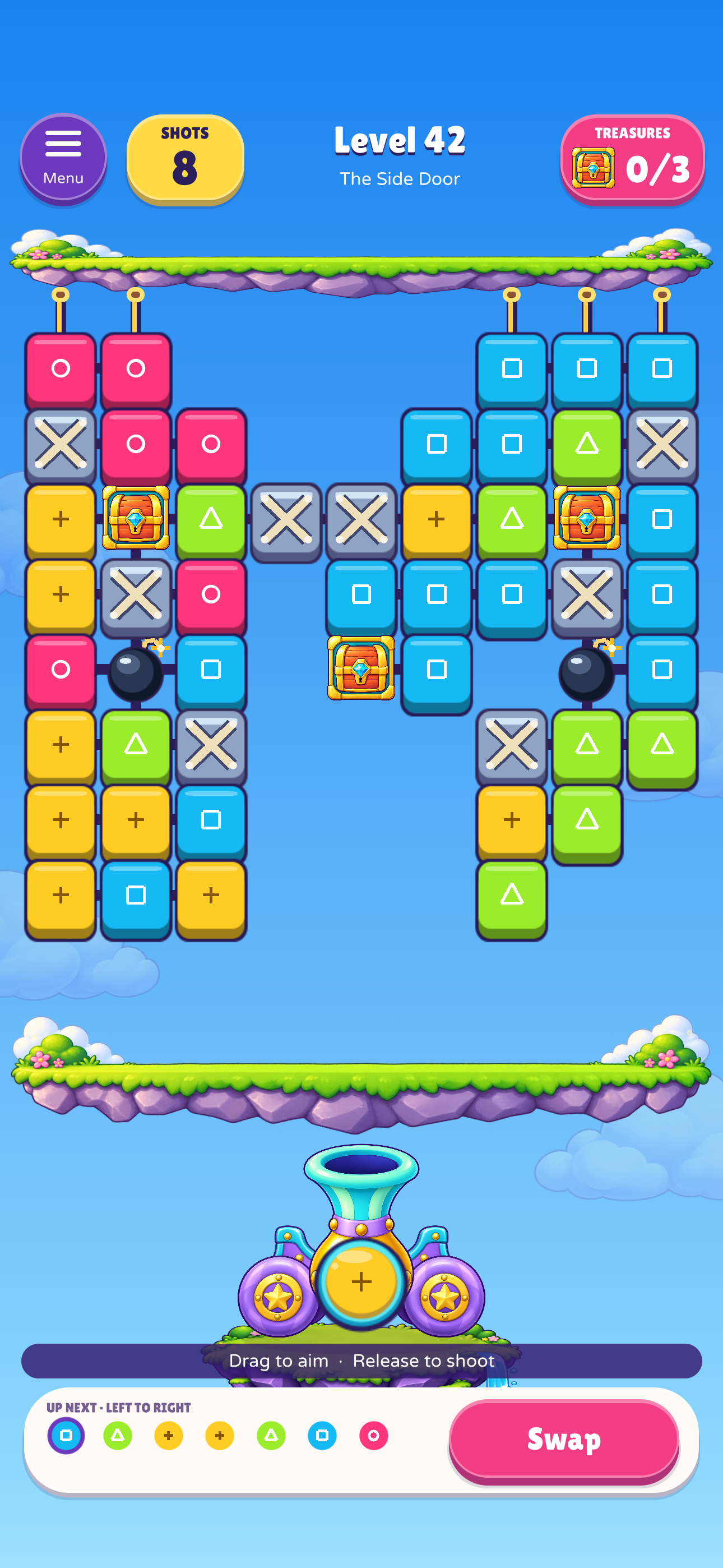 A real Tumbleburst! gameplay screen showing Level 42, its blocks, treasures and cannon.