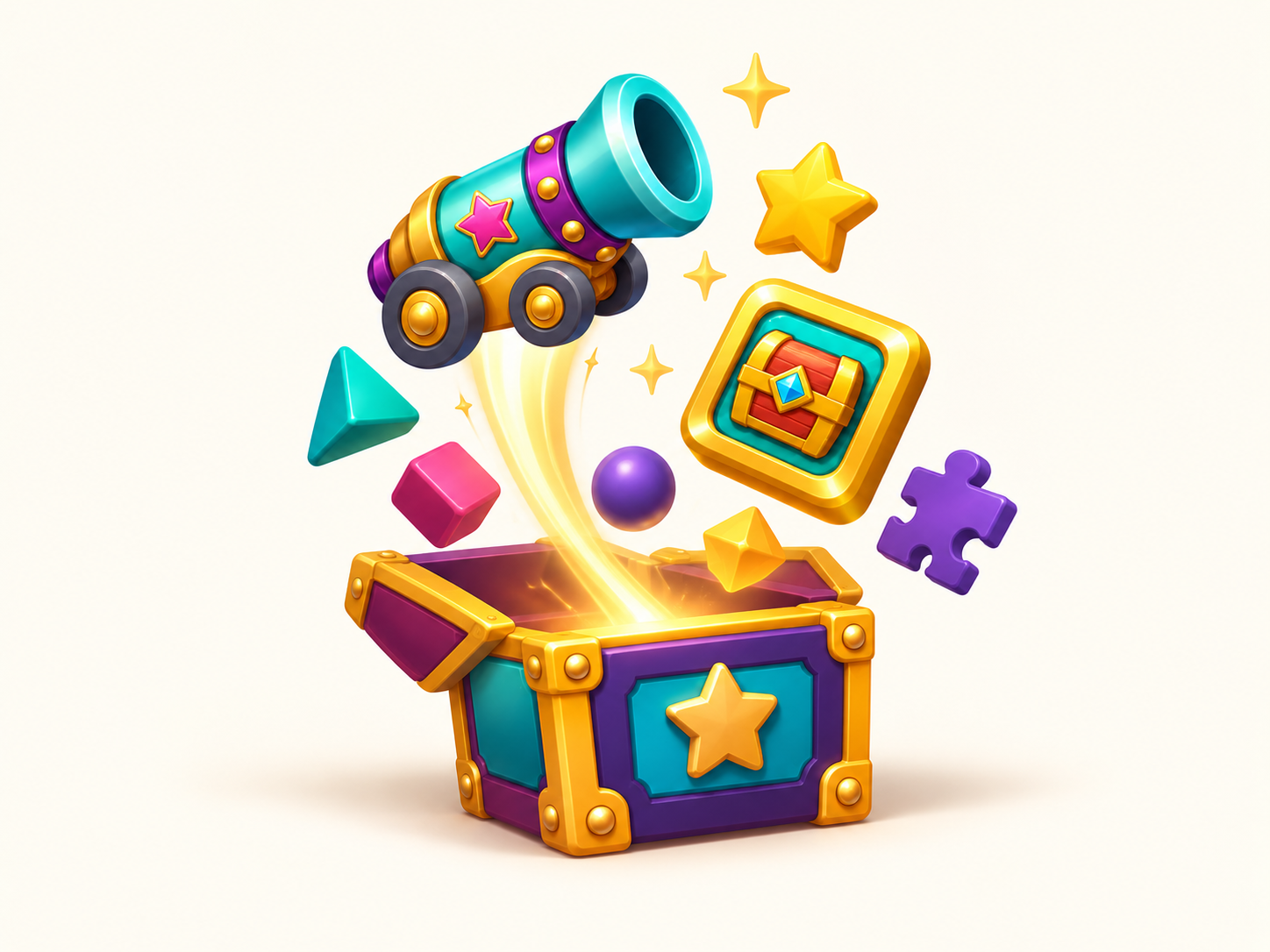 A toy box opens to reveal the Tumbleburst! cannon, a treasure block and colourful game pieces.