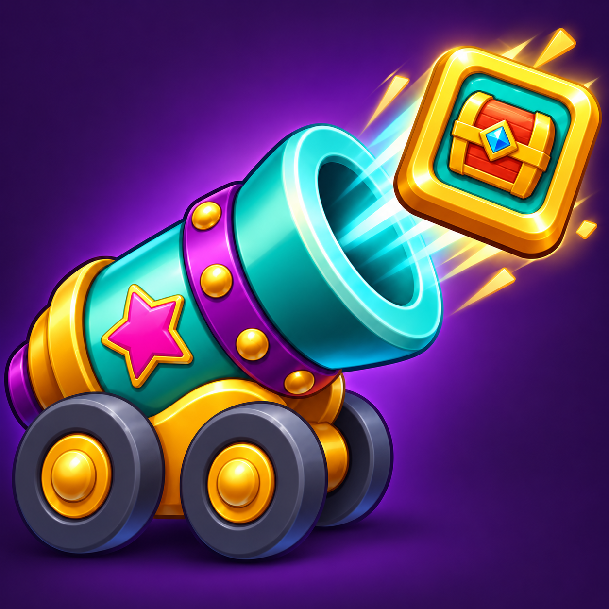 Tumbleburst! app icon: the teal cannon and gold treasure block
